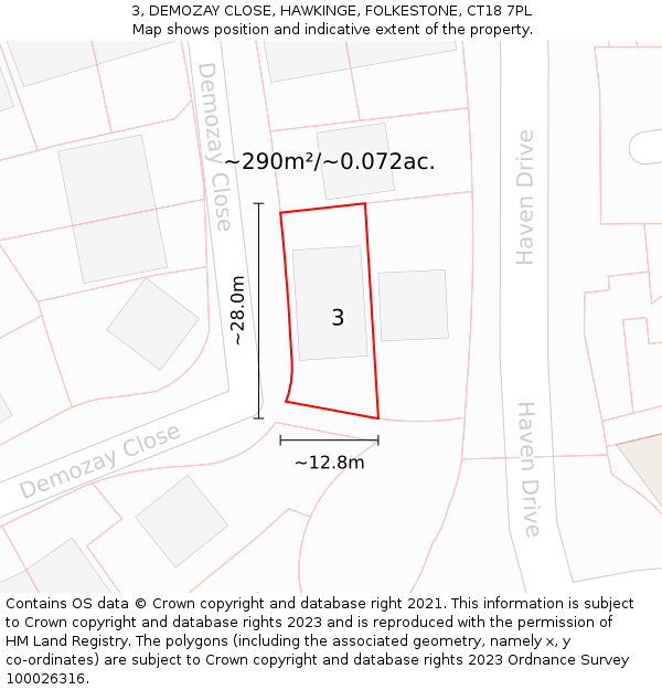 3, DEMOZAY CLOSE, HAWKINGE, FOLKESTONE, CT18 7PL: Plot and title map