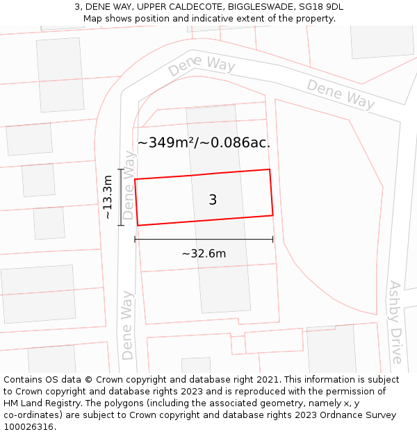 3, DENE WAY, UPPER CALDECOTE, BIGGLESWADE, SG18 9DL: Plot and title map