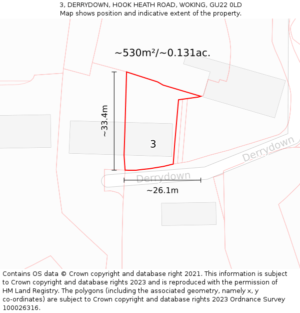 3, DERRYDOWN, HOOK HEATH ROAD, WOKING, GU22 0LD: Plot and title map