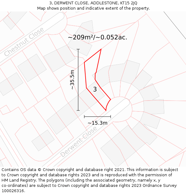 3, DERWENT CLOSE, ADDLESTONE, KT15 2JQ: Plot and title map