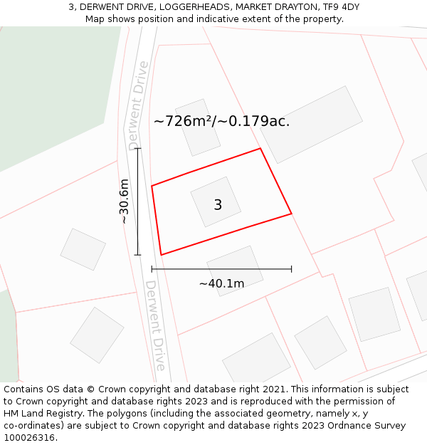 3, DERWENT DRIVE, LOGGERHEADS, MARKET DRAYTON, TF9 4DY: Plot and title map