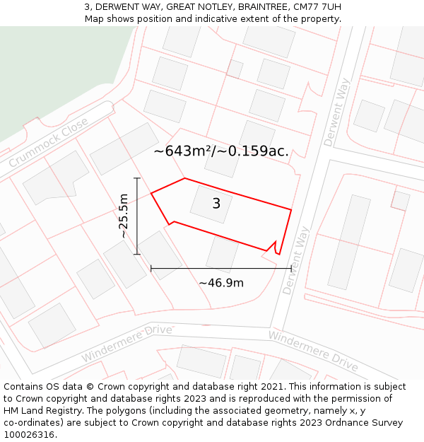 3, DERWENT WAY, GREAT NOTLEY, BRAINTREE, CM77 7UH: Plot and title map