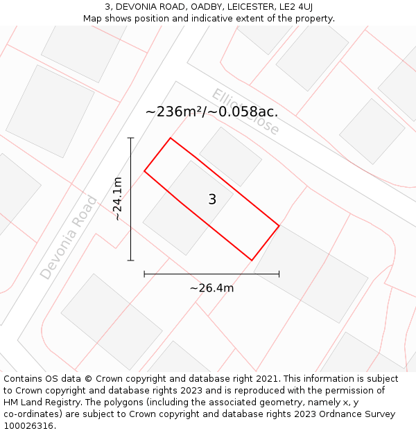 3, DEVONIA ROAD, OADBY, LEICESTER, LE2 4UJ: Plot and title map
