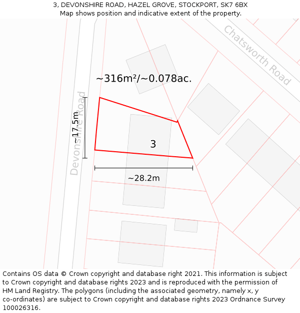 3, DEVONSHIRE ROAD, HAZEL GROVE, STOCKPORT, SK7 6BX: Plot and title map