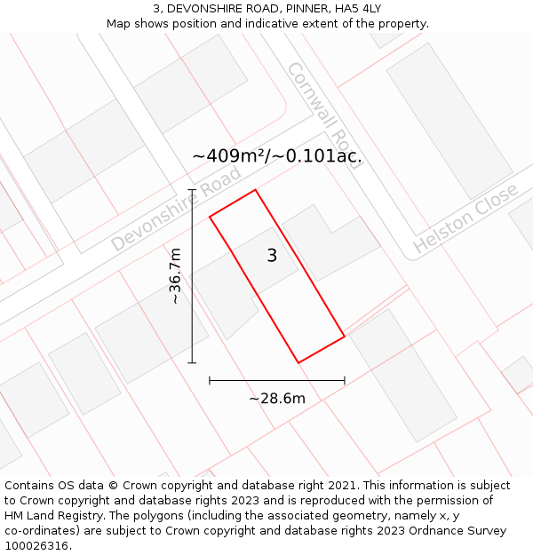 3, DEVONSHIRE ROAD, PINNER, HA5 4LY: Plot and title map