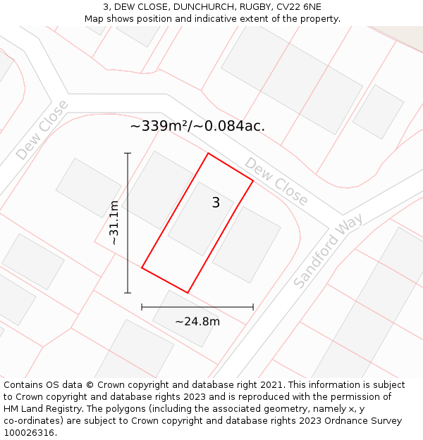 3, DEW CLOSE, DUNCHURCH, RUGBY, CV22 6NE: Plot and title map