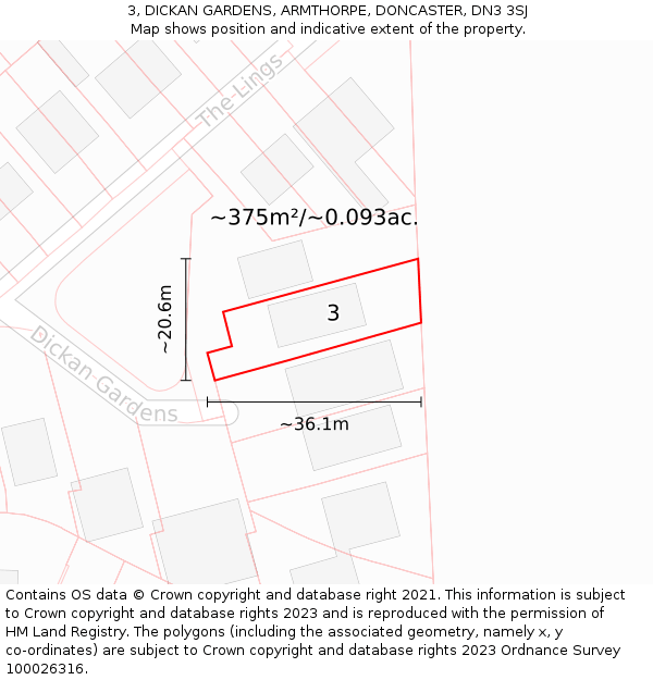 3, DICKAN GARDENS, ARMTHORPE, DONCASTER, DN3 3SJ: Plot and title map