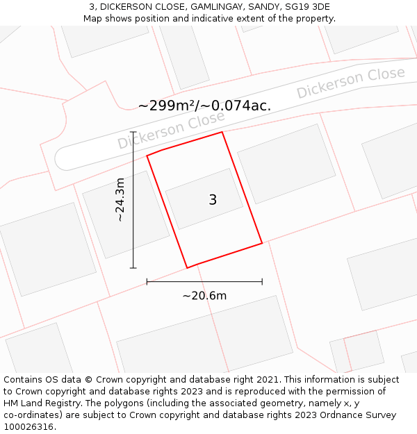 3, DICKERSON CLOSE, GAMLINGAY, SANDY, SG19 3DE: Plot and title map