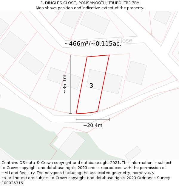 3, DINGLES CLOSE, PONSANOOTH, TRURO, TR3 7RA: Plot and title map