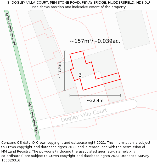 3, DOGLEY VILLA COURT, PENISTONE ROAD, FENAY BRIDGE, HUDDERSFIELD, HD8 0LF: Plot and title map