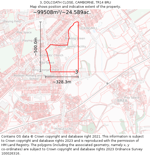 3, DOLCOATH CLOSE, CAMBORNE, TR14 8RU: Plot and title map