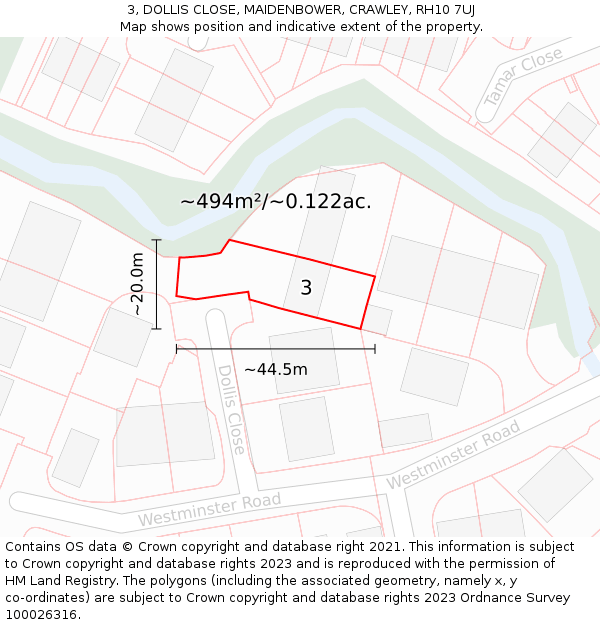 3, DOLLIS CLOSE, MAIDENBOWER, CRAWLEY, RH10 7UJ: Plot and title map