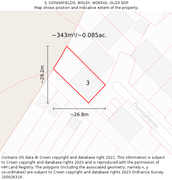 3, DONNAFIELDS, BISLEY, WOKING, GU24 9DP: Plot and title map