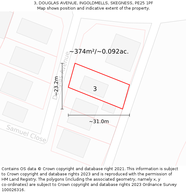 3, DOUGLAS AVENUE, INGOLDMELLS, SKEGNESS, PE25 1PF: Plot and title map
