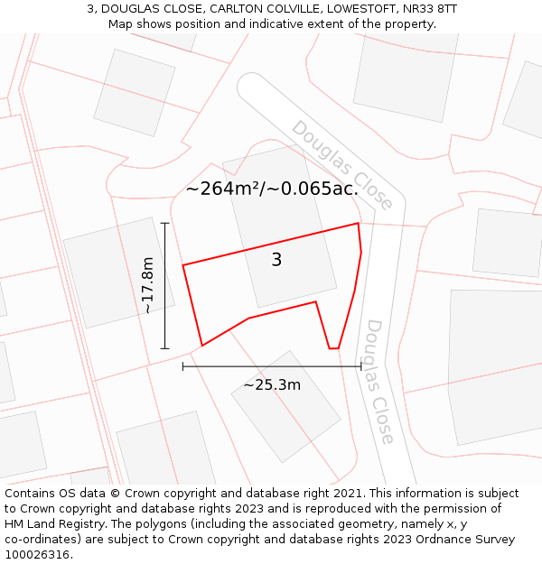 3, DOUGLAS CLOSE, CARLTON COLVILLE, LOWESTOFT, NR33 8TT: Plot and title map