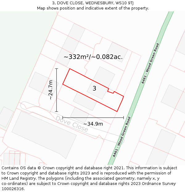 3, DOVE CLOSE, WEDNESBURY, WS10 9TJ: Plot and title map