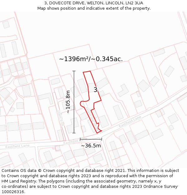 3, DOVECOTE DRIVE, WELTON, LINCOLN, LN2 3UA: Plot and title map
