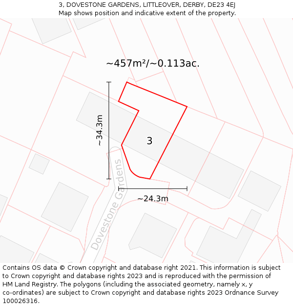 3, DOVESTONE GARDENS, LITTLEOVER, DERBY, DE23 4EJ: Plot and title map