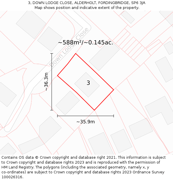3, DOWN LODGE CLOSE, ALDERHOLT, FORDINGBRIDGE, SP6 3JA: Plot and title map