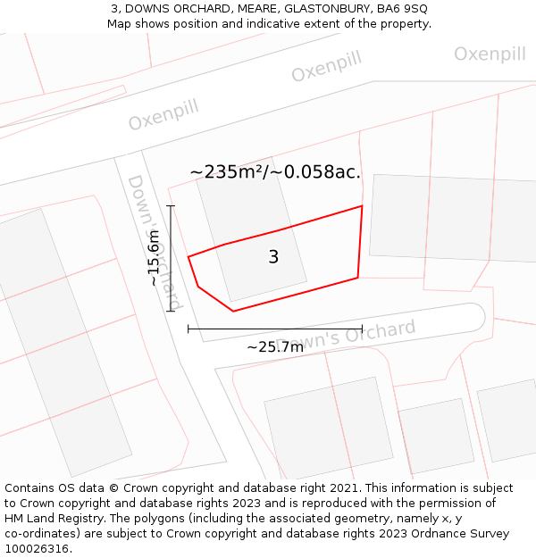 3, DOWNS ORCHARD, MEARE, GLASTONBURY, BA6 9SQ: Plot and title map