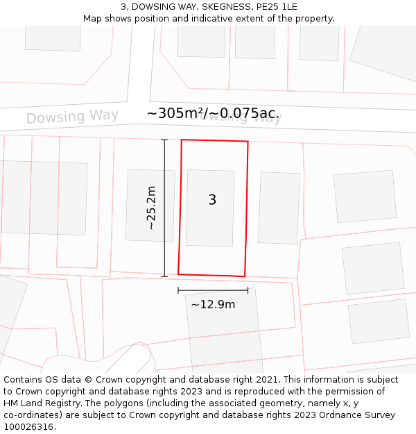 3, DOWSING WAY, SKEGNESS, PE25 1LE: Plot and title map