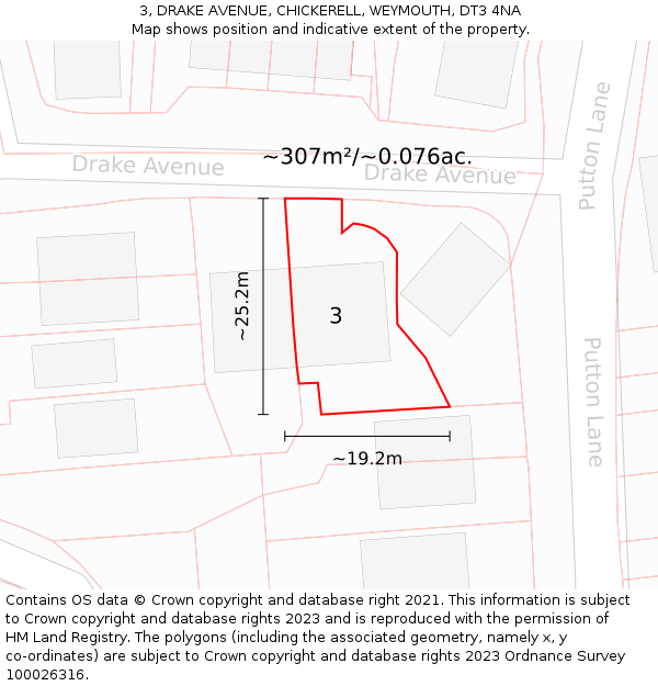 3, DRAKE AVENUE, CHICKERELL, WEYMOUTH, DT3 4NA: Plot and title map