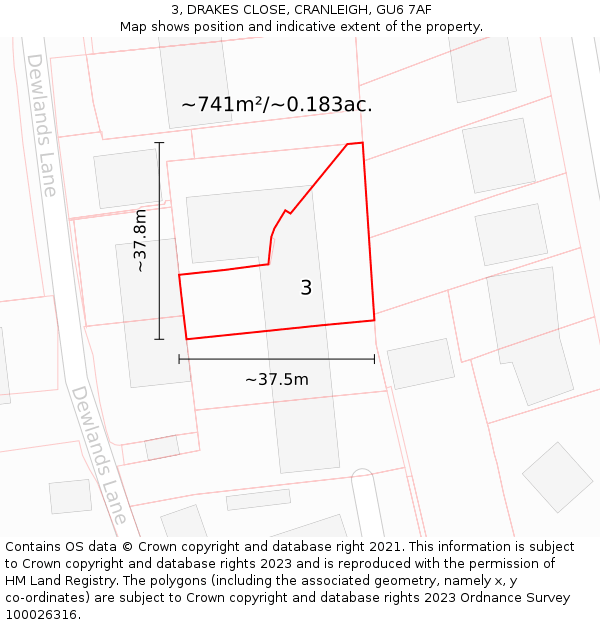 3, DRAKES CLOSE, CRANLEIGH, GU6 7AF: Plot and title map