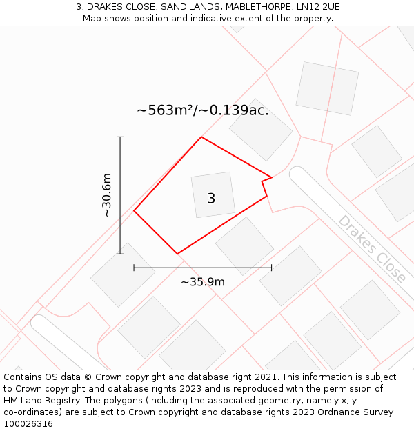 3, DRAKES CLOSE, SANDILANDS, MABLETHORPE, LN12 2UE: Plot and title map