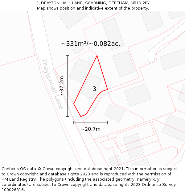 3, DRAYTON HALL LANE, SCARNING, DEREHAM, NR19 2PY: Plot and title map