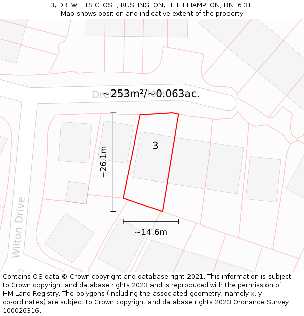 3, DREWETTS CLOSE, RUSTINGTON, LITTLEHAMPTON, BN16 3TL: Plot and title map