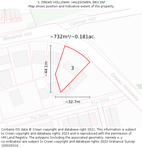 3, DREWS HOLLOWAY, HALESOWEN, B63 2AF: Plot and title map