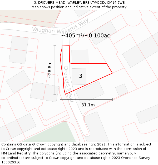 3, DROVERS MEAD, WARLEY, BRENTWOOD, CM14 5WB: Plot and title map