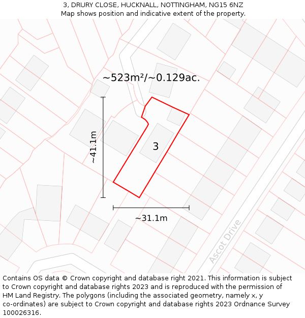 3, DRURY CLOSE, HUCKNALL, NOTTINGHAM, NG15 6NZ: Plot and title map