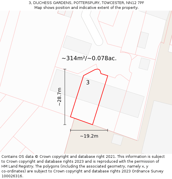 3, DUCHESS GARDENS, POTTERSPURY, TOWCESTER, NN12 7PF: Plot and title map