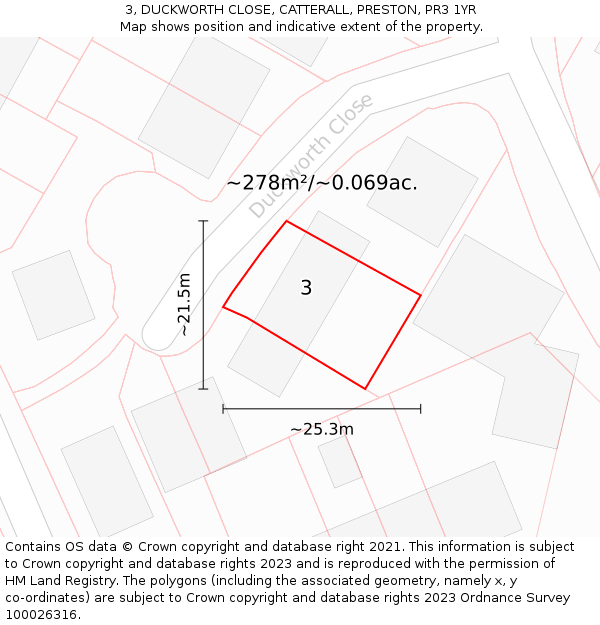 3, DUCKWORTH CLOSE, CATTERALL, PRESTON, PR3 1YR: Plot and title map