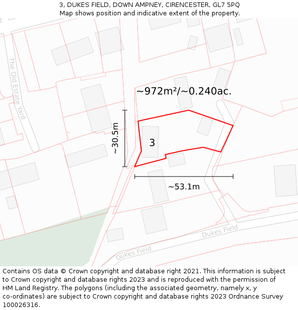 3, DUKES FIELD, DOWN AMPNEY, CIRENCESTER, GL7 5PQ: Plot and title map