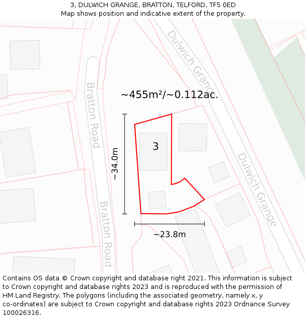 3, DULWICH GRANGE, BRATTON, TELFORD, TF5 0ED: Plot and title map