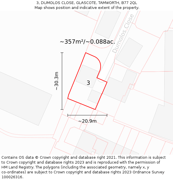 3, DUMOLOS CLOSE, GLASCOTE, TAMWORTH, B77 2QL: Plot and title map