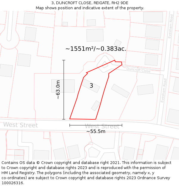 3, DUNCROFT CLOSE, REIGATE, RH2 9DE: Plot and title map