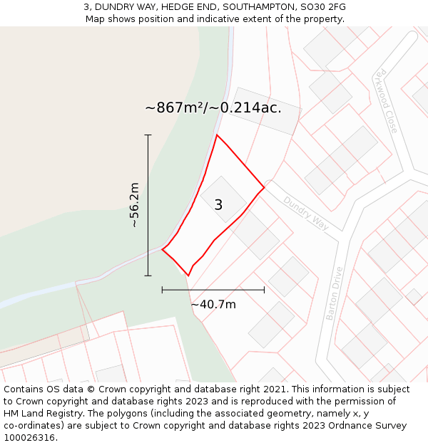 3, DUNDRY WAY, HEDGE END, SOUTHAMPTON, SO30 2FG: Plot and title map