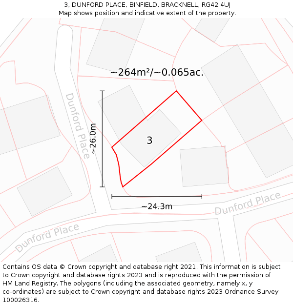 3, DUNFORD PLACE, BINFIELD, BRACKNELL, RG42 4UJ: Plot and title map