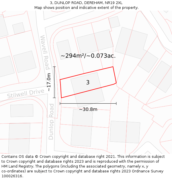 3, DUNLOP ROAD, DEREHAM, NR19 2XL: Plot and title map