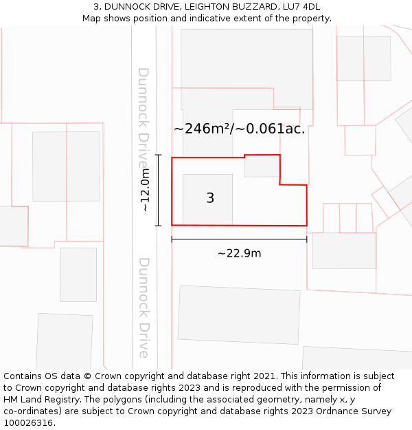 3, DUNNOCK DRIVE, LEIGHTON BUZZARD, LU7 4DL: Plot and title map