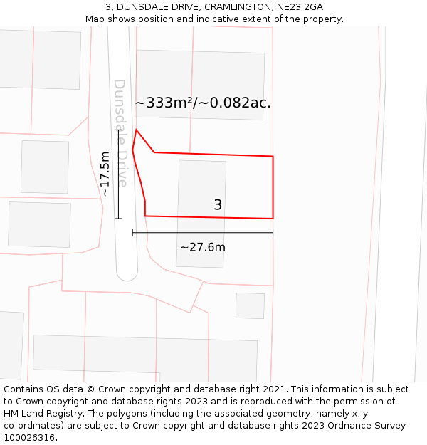 3, DUNSDALE DRIVE, CRAMLINGTON, NE23 2GA: Plot and title map