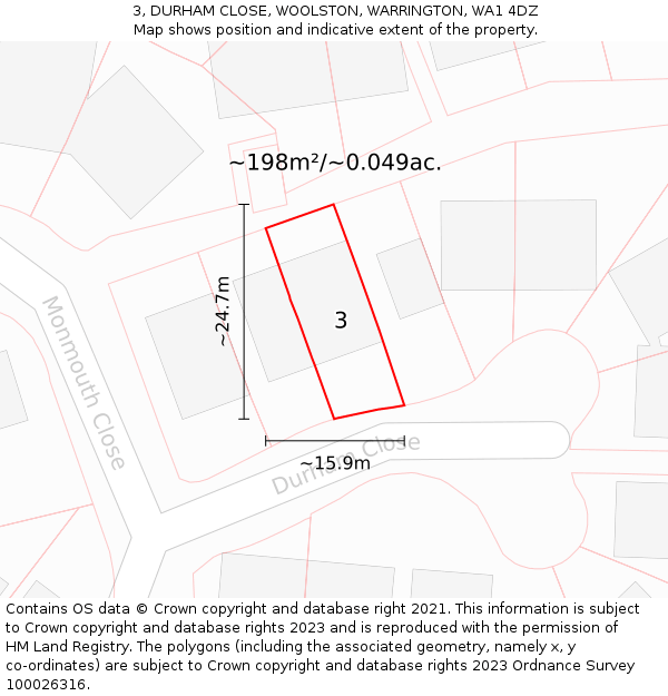 3, DURHAM CLOSE, WOOLSTON, WARRINGTON, WA1 4DZ: Plot and title map