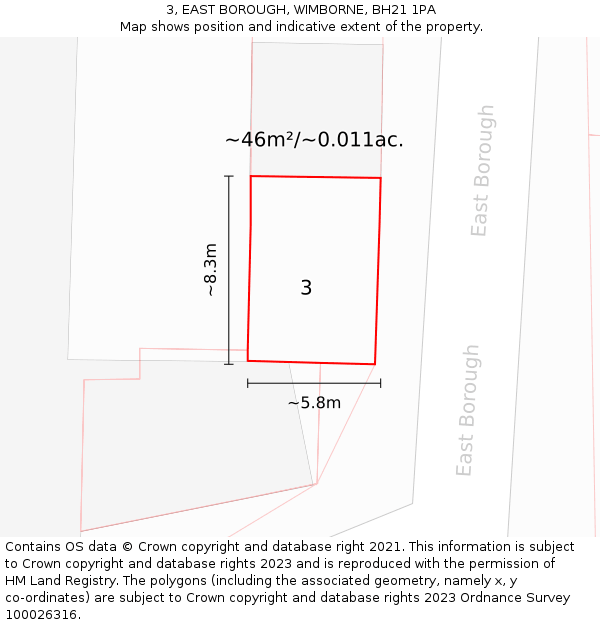 3, EAST BOROUGH, WIMBORNE, BH21 1PA: Plot and title map