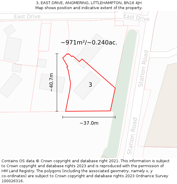 3, EAST DRIVE, ANGMERING, LITTLEHAMPTON, BN16 4JH: Plot and title map