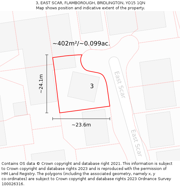 3, EAST SCAR, FLAMBOROUGH, BRIDLINGTON, YO15 1QN: Plot and title map