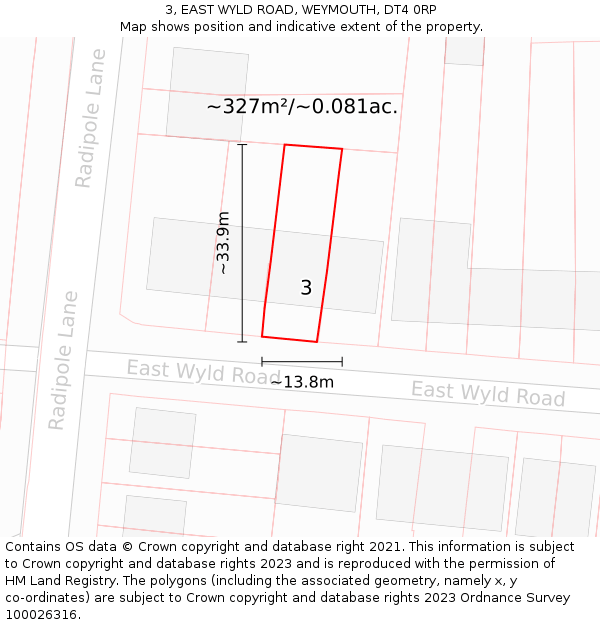3, EAST WYLD ROAD, WEYMOUTH, DT4 0RP: Plot and title map