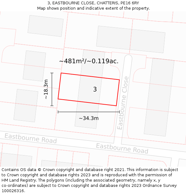 3, EASTBOURNE CLOSE, CHATTERIS, PE16 6RY: Plot and title map